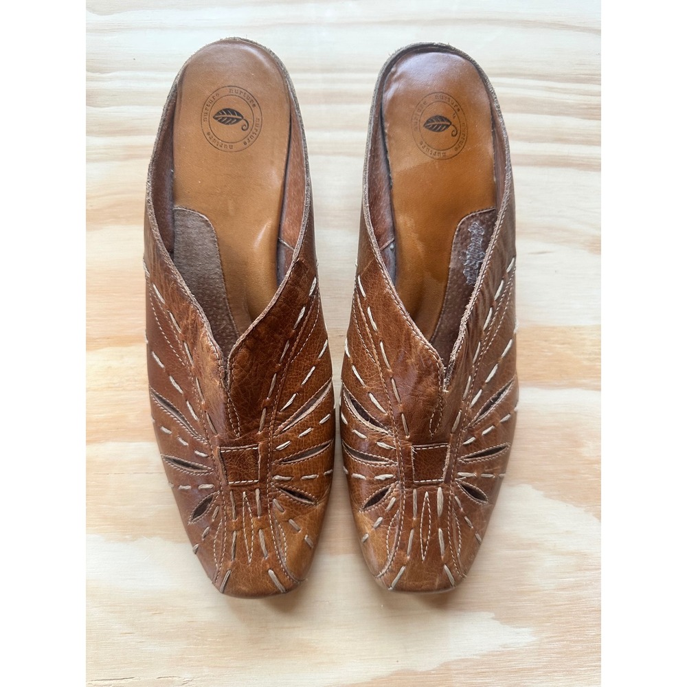 Nurture Brown Leather Whipstitch Mule Heels Square Toe Boho Slip On Shoes 10M